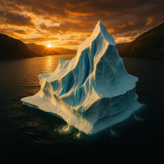 Majestic iceberg bathed in golden sunset light, floating serenely in calm ocean waters