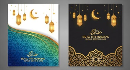 Two festive Eid Al-Fitr Mubarak greeting cards with golden Islamic designs: one with a turquoise geometric pattern, the other with black and gold ornate elements.