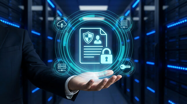 A businessman s hand presents a holographic document icon with shield and padlock symbols, representing data security, privacy, and compliance in a server room environment.