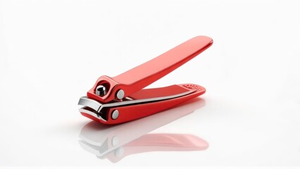Close-up of a red nail clipper on a white surface.
