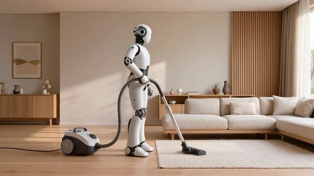Animated humanoid robot vacuuming modern living room. Concept of futuristic home automation, domestic robotics, and advanced everyday technology
