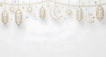 Delicate white and gold Ramadan decorations including hanging lanterns, crescent moons, stars, and scattered blue beads on a clean background.