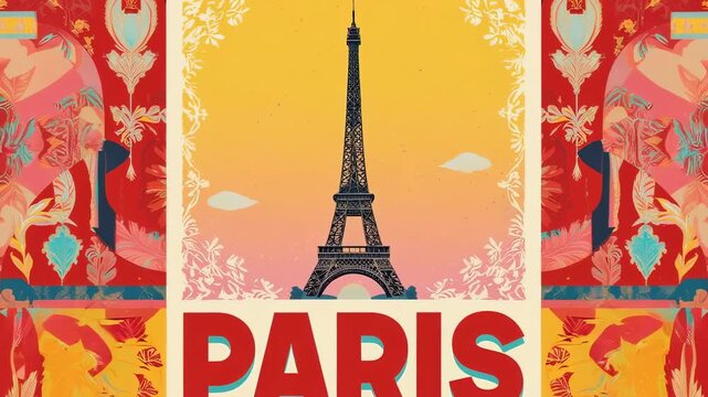 Vintage Paris Travel Poster Art with Eiffel Tower and Abstract Illustrations