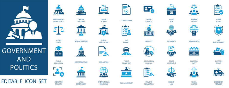 Government and Politics Icon Set. Law, Justice, Voting, Diplomacy, Policy, Infrastructure, and Civic Leadership Symbols for Professional Infographics and Web Design.
