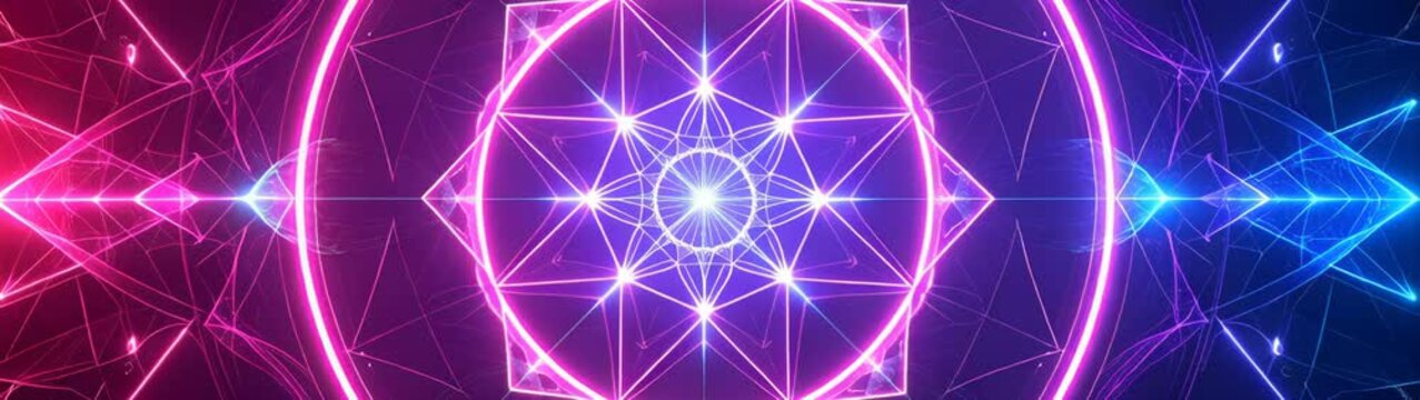 Sacred geometry mandala forming radiant neon portal.