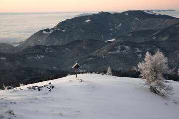 view of the mountains on cold day, sunrise
