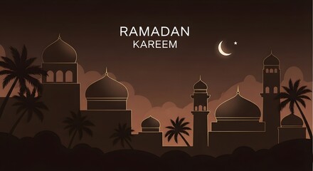 Stylized silhouette of Islamic domes and minarets with palm trees against a warm gradient sky, representing Ramadan Kareem.