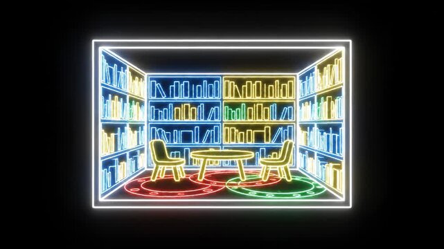 Neon Library Room With Bright Frame And Shelves In A Dark Interior.