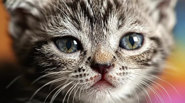 A close-up shot of a grey tabby kitten's face with striking green eyes and white whiskers, conveying curiosity and innocence in a vibrant environment.