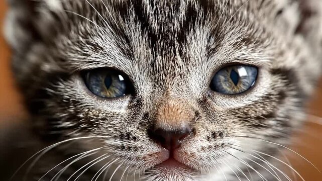 A close-up shot of a grey tabby kitten's face with striking blue eyes and whiskers, captured in a warm and intimate portrait.