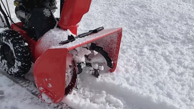 Orange snowblower throwing snow after a snow storm. Winter storm cleanup of driveway