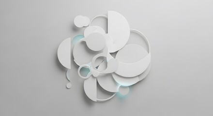 Abstract 3D composition of overlapping white circles and arcs with subtle blue light accents, creating a clean, modern, and minimalist background.