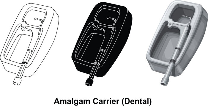 Collection of dental amalgam carrier icons in outline silhouette and realistic styles representing a medical instrument for dentistry isolated on white