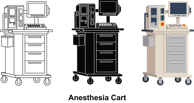 Set of anesthesia carts in outline black and color vector illustrations medical equipment for operating room and hospital use isolated on white background