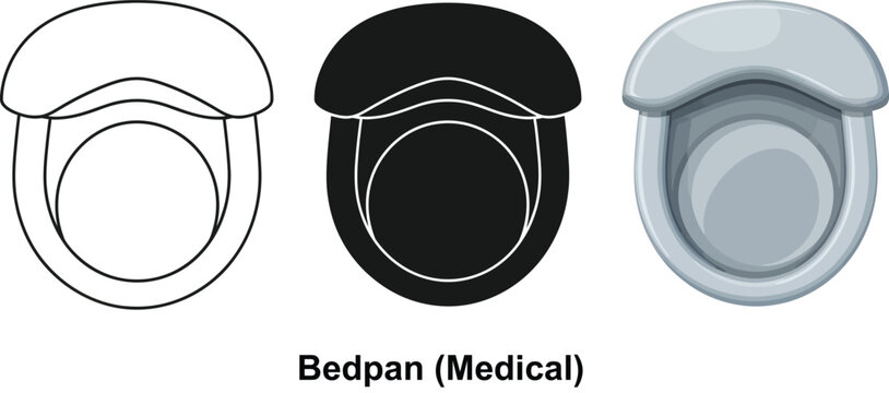 Set of three bedpan icons including outline silhouette and realistic styles for medical and healthcare concepts