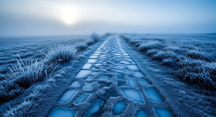 Frosty path through grassy landscape at sunrise