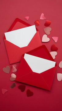 Two red envelopes with white cards and pink and red hearts on a red background for Valentines Day