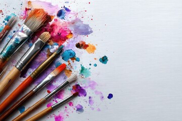Fototapeta premium Watercolor art flat lay with paint brushes