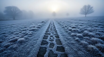 Frosty field with tire tracks on a foggy day at sunrise