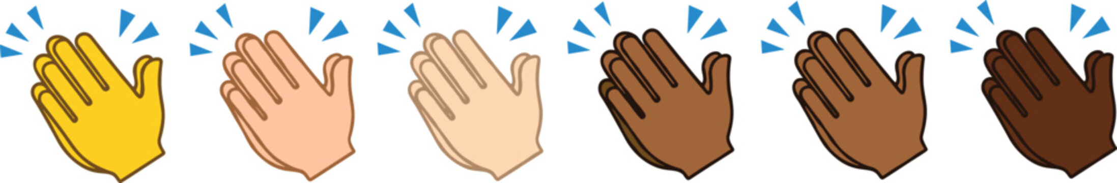 Set of clapping hands emoji icons in multiple skin tones showing applause, celebration, encouragement, and positive reactions