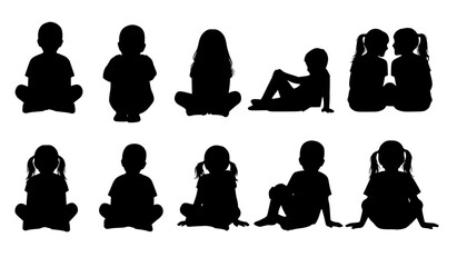 Silhouettes of children sitting in various poses, playful and relaxed, lifestyle illustration for friendship, childhood memories, and educational design