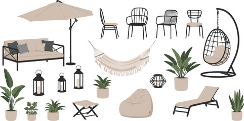 Set of Modern Outdoor Patio Furniture and Garden Decor Featuring Hammock Sun Lounger Hanging Chair Parasol Umbrella Potted Plants and Stylish Seating Vector © IconicCreations