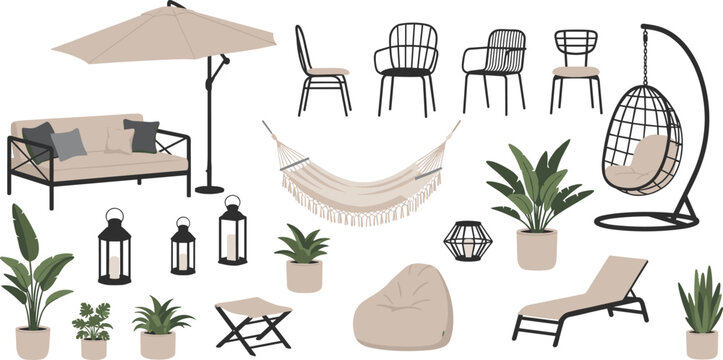 Set of Modern Outdoor Patio Furniture and Garden Decor Featuring Hammock Sun Lounger Hanging Chair Parasol Umbrella Potted Plants and Stylish Seating Vector