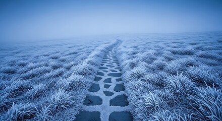 Frosty grassy landscape with tire tracks in winter