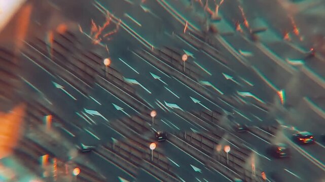 Tr&aacute;fico urbano y v&iacute;as de tren con efecto caleidosc&oacute;pico abstracto en movimiento