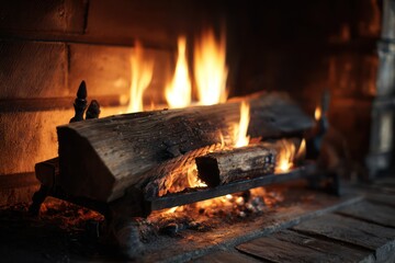 Comforting home fireplace with bright burning wood