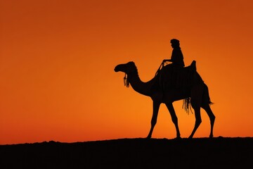 Camel silhouette in desert during golden sunset