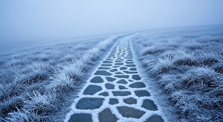 Frosty stone pathway through icy grassy landscape on foggy day