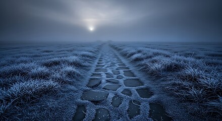 Frosty stone pathway through grassy field under moonlight