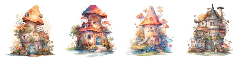 Obraz premium Whimsical watercolor fairytale houses set on a transparent background