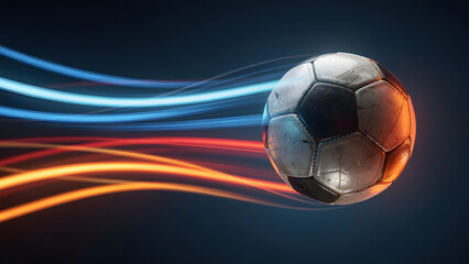 Fototapeta premium Soccer ball in motion with colorful light streaks