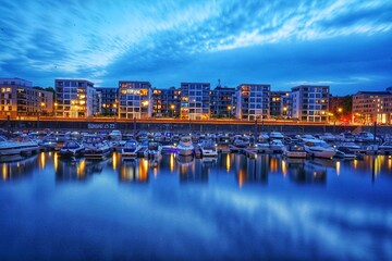 Obraz premium Hafen von Mainz bei Abenddämmerung.