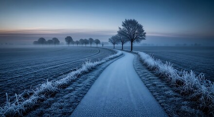 Frosty road through winter landscape with trees and fields