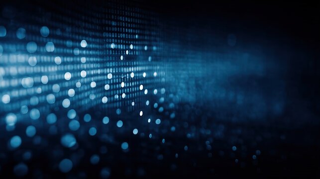 Dark blue digital background with soft bokeh and abstract binary code patterns. Futuristic cyber security or software development concept. Flowing data stream visualization with depth of field.