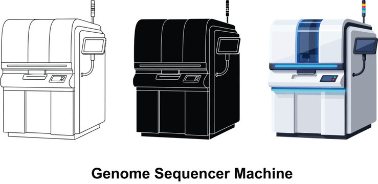 Set of genome sequencer machine illustrations showing outline silhouette and color versions for scientific research and biotechnology concepts