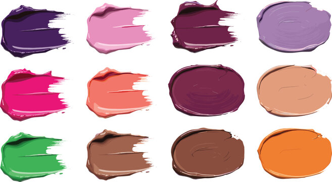 Colorful makeup cream and lipstick swatches in assorted shades with textured brush strokes on white background