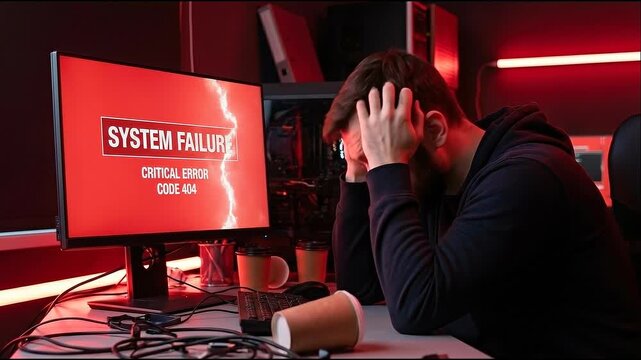 System failure alert critical error code on computer screen in cybersecurity startup hub office showing crisis and system failure