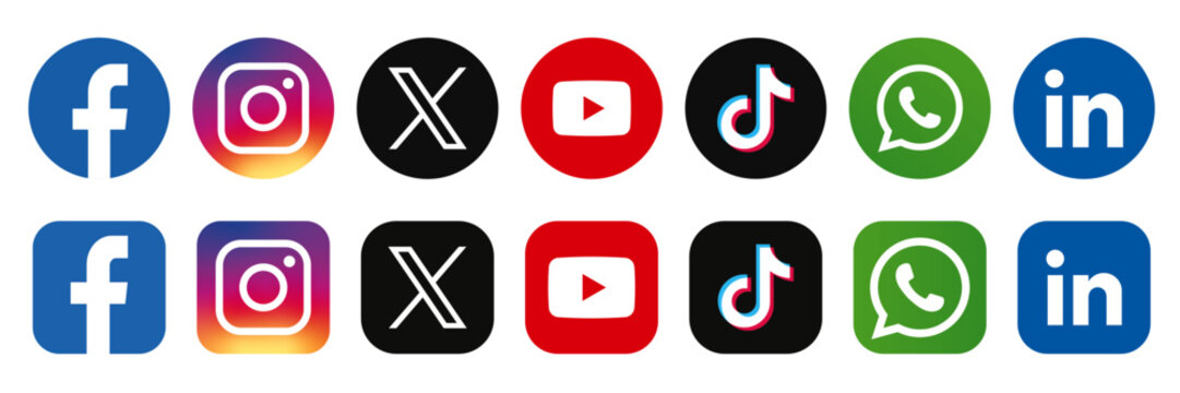 Social media logo icon set of Facebook, Instagram, TikTok, X , YouTube, LinkedIn and WhatsApp vector stock for editorial use