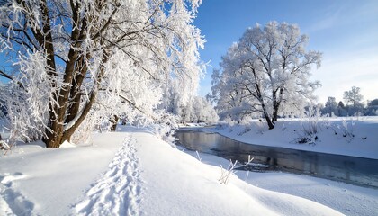 Obraz premium A serene winter landscape features frosted trees flanking a stream, with snow-covered banks and a clear blue sky above. Footprints lead towards the frozen water
