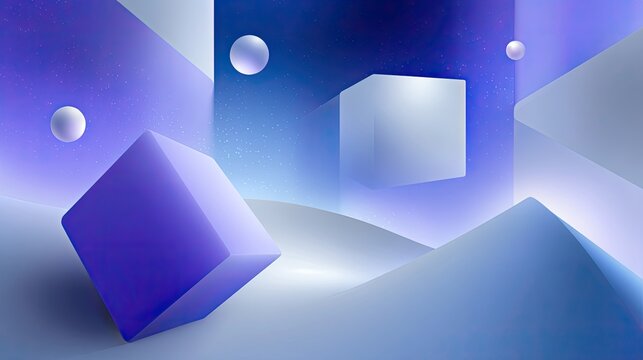 Abstract geometric landscape with floating cubes and circles in a gradient blue and purple color scheme showcasing modern digital art aesthetics