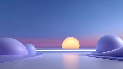 Serene Sunset Over Dreamy Landscape with Soft Purple Forms and Vibrant Horizon Reflecting Calmness and Tranquility in Modern Aesthetic Style