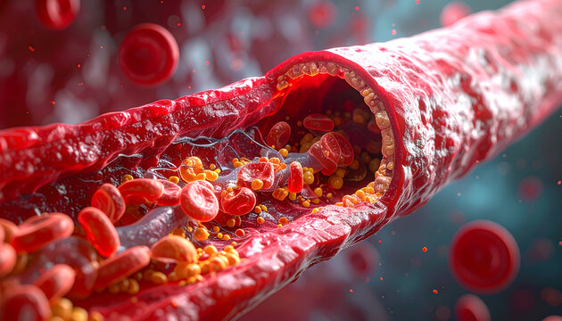 Cross-section 3D visualization of a constricted artery blood vessel, showing thickened smooth muscle walls and high blood pressure concept