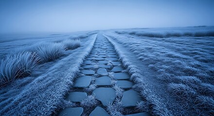 Frosty stone pathway through snow-covered grassy field on foggy day