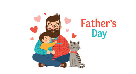 Fototapeta premium Happy father sitting and hugging his young son with their pet cat by their side and a colorful Father Day text greeting message.