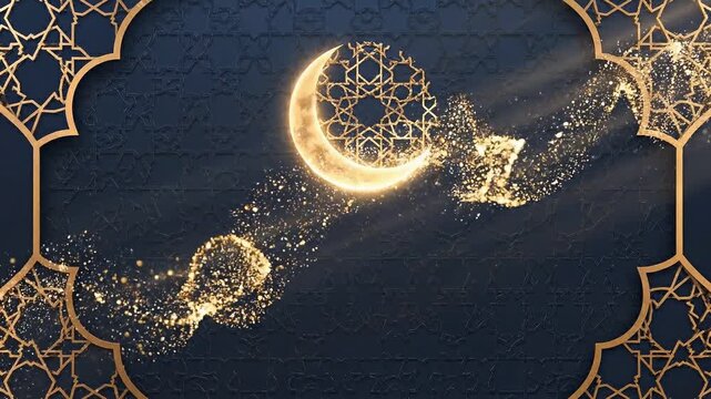 Elegant abstract Ramadan background featuring a glowing crescent moon, soft golden particles, subtle light rays, and Islamic geometric patterns on a dark blue luxury backdrop. Smooth cinematic motion,