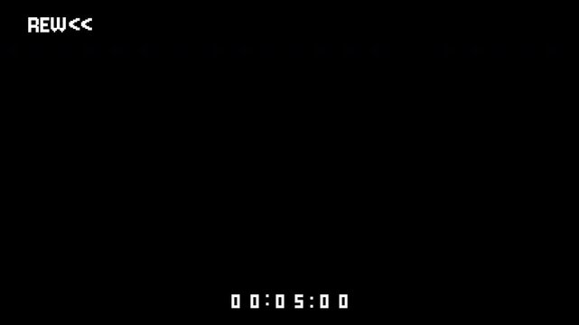 Rewind vhs suitable for postproduction editing scenes. Black screen with raw text and timecode indicators for video projects. Great for professional video editing.